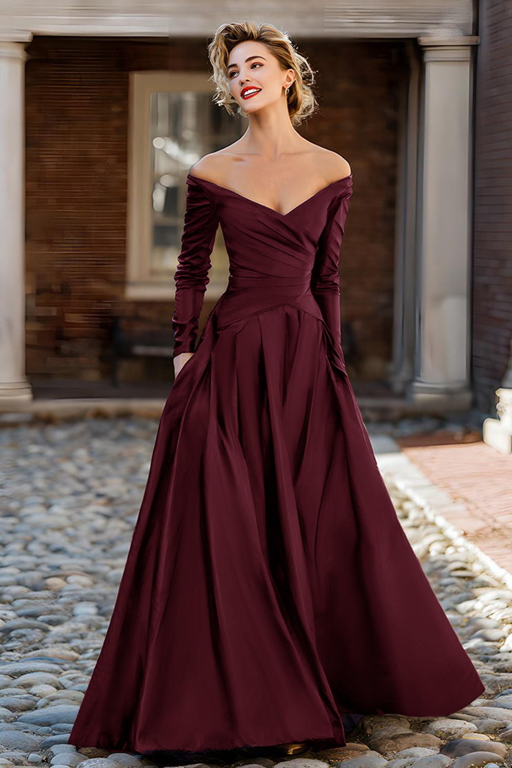 Plum Satin Off the Shoulder A Line Long Sleeves Wedding Guest Dress
