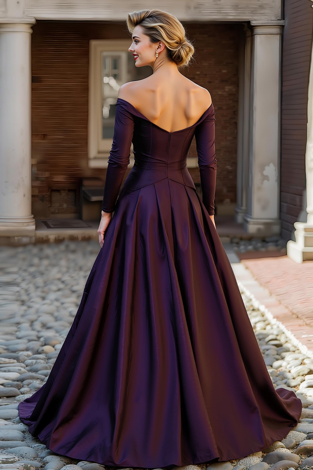 Plum Satin Off the Shoulder A Line Long Sleeves Wedding Guest Dress