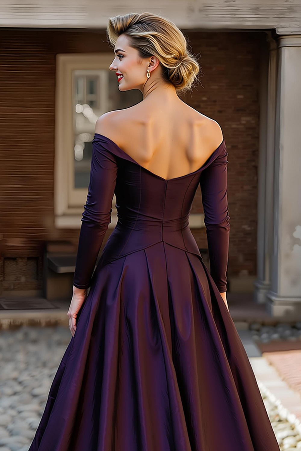 Plum Satin Off the Shoulder A Line Long Sleeves Wedding Guest Dress