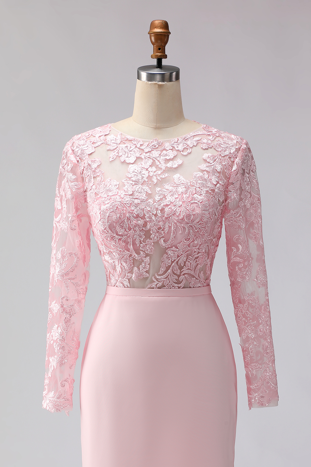 Blush Pink Satin Illusion Boat Neck Midi Wedding Guest Dress with Lace