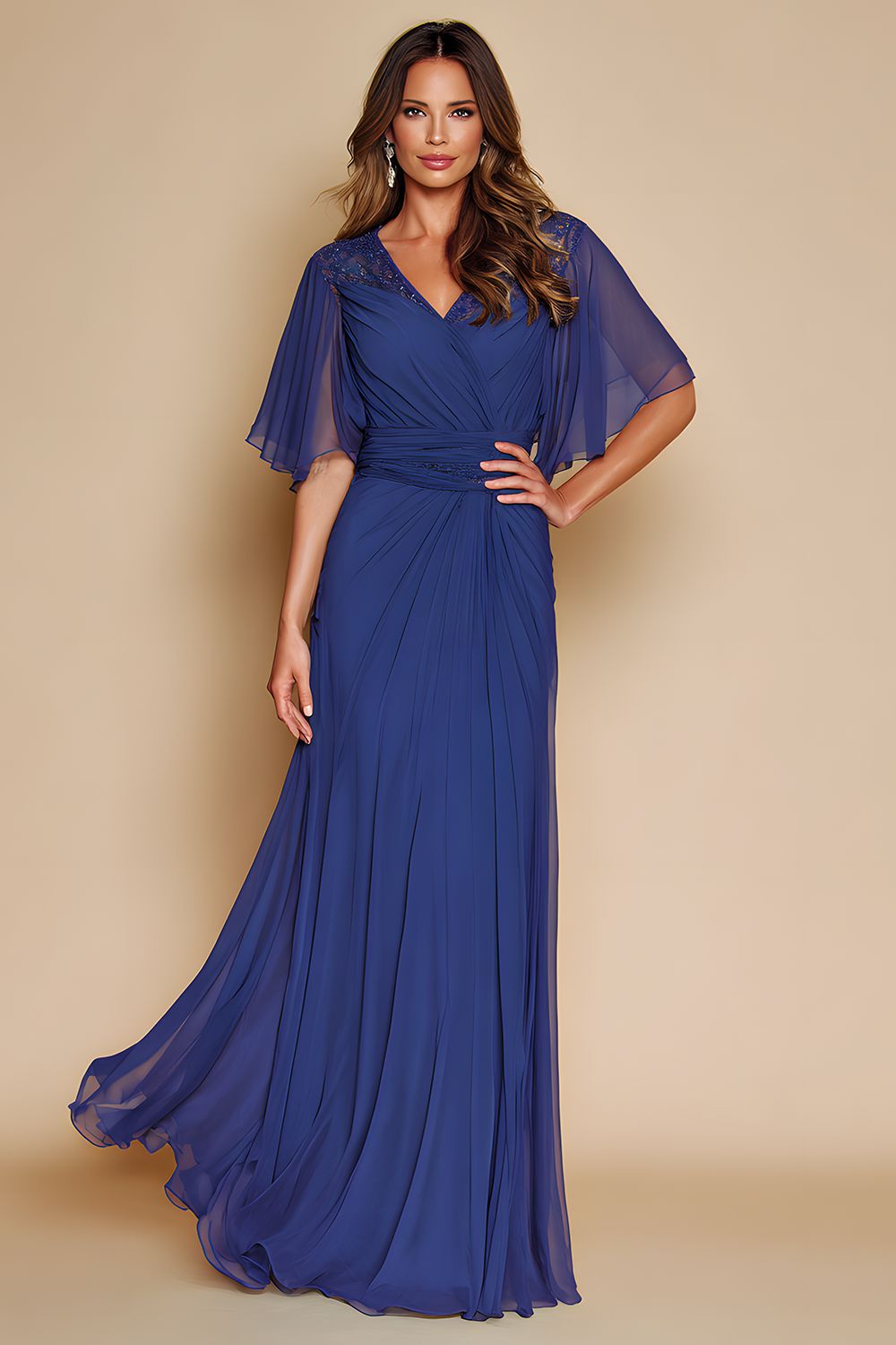Dark Blue Chiffon V-Neck Long Wedding Guest Dress with Sleeves