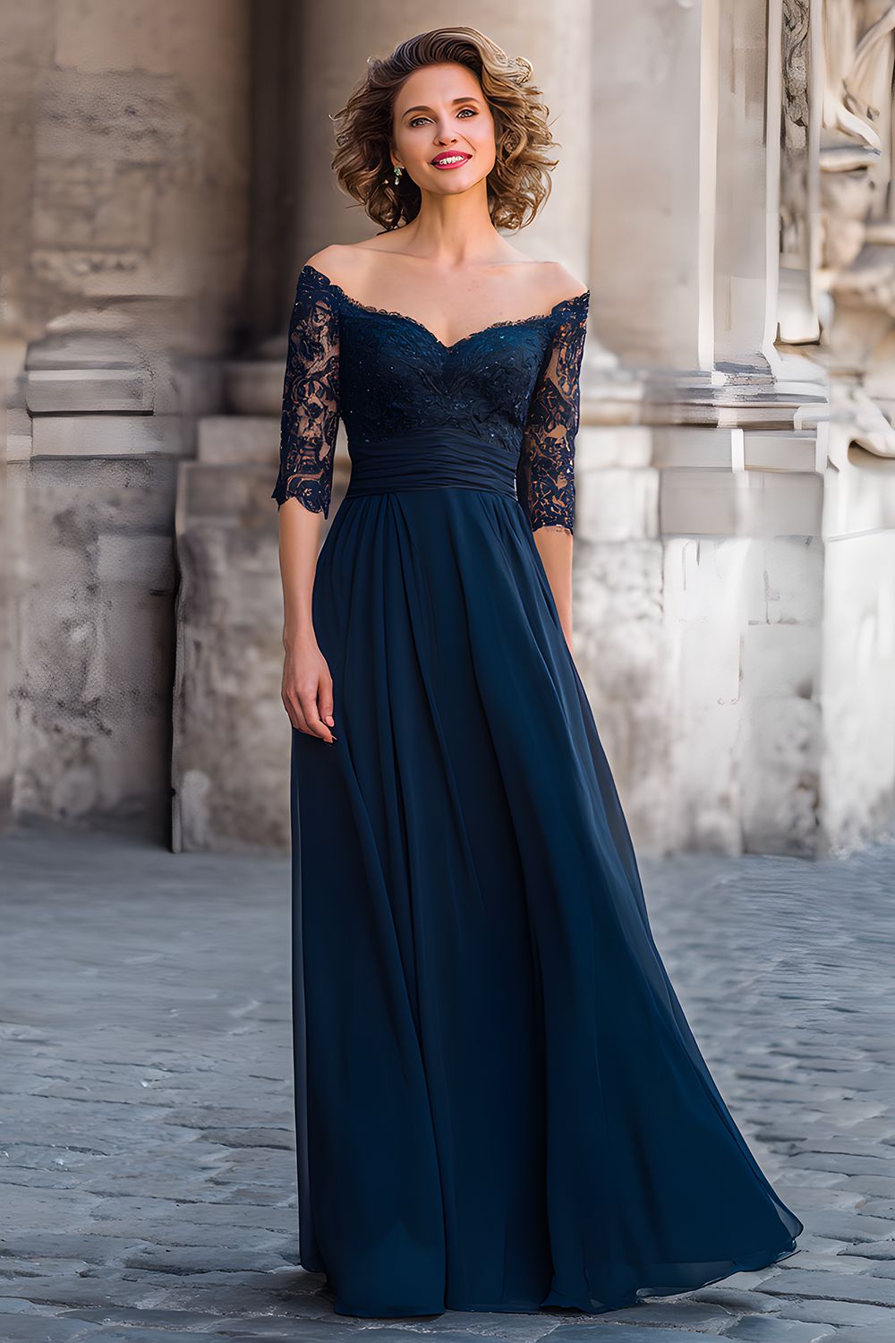 Navy A Line Off the Shoulder Half Sleeves Long Wedding Guest Dress with Lace