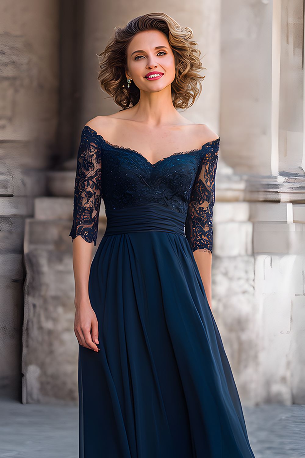 Navy A Line Off the Shoulder Half Sleeves Long Wedding Guest Dress with Lace