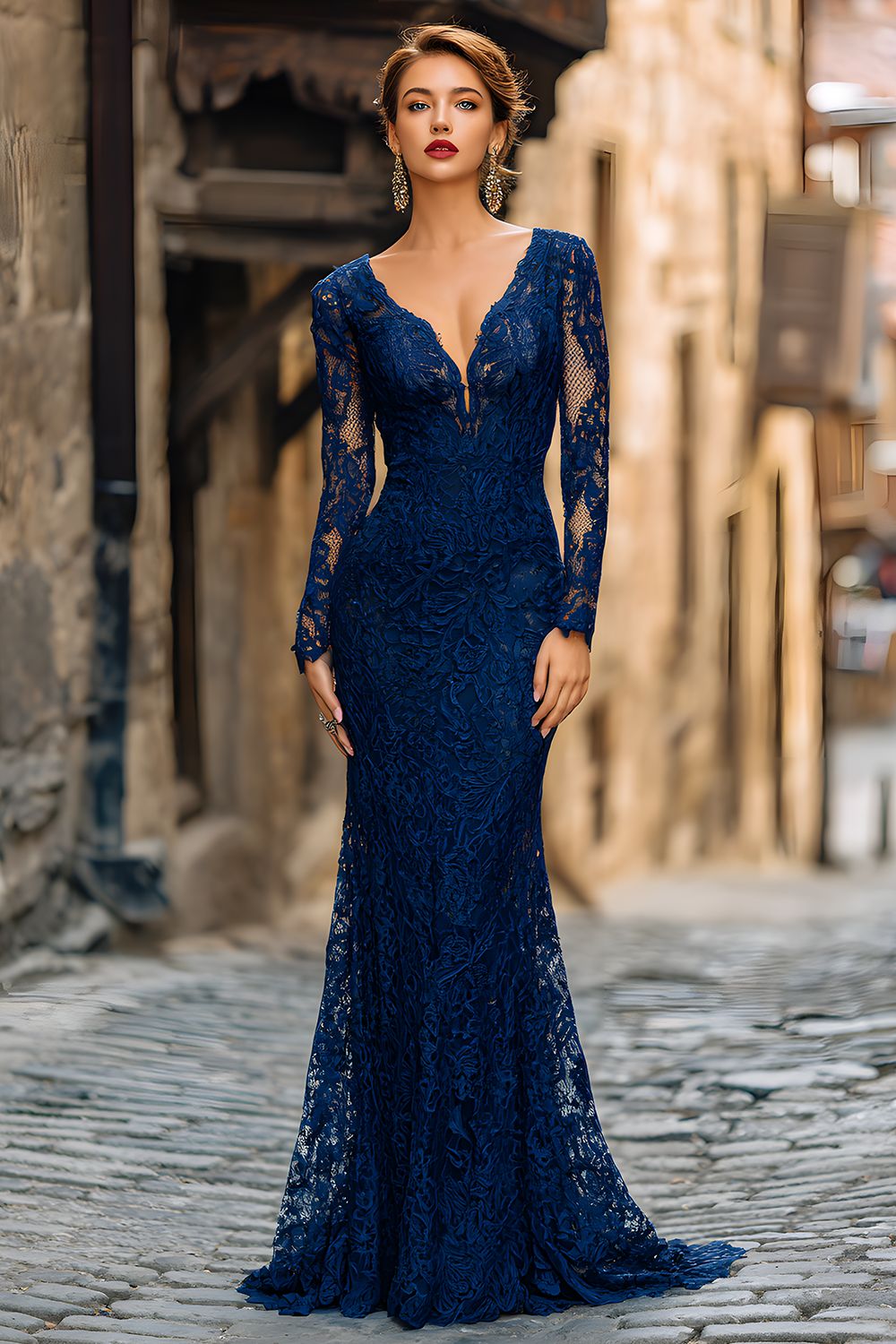 Navy Lace Mermaid V-Neck Long Sleeves Wedding Guest Dress
