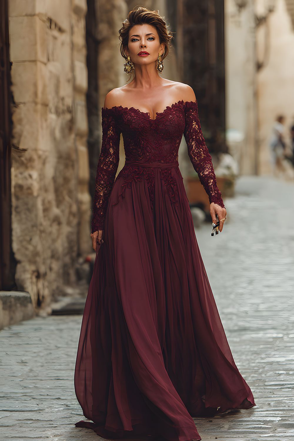 Cabernet Chiffon A Line Long Sleeves Wedding Guest Dress with Lace