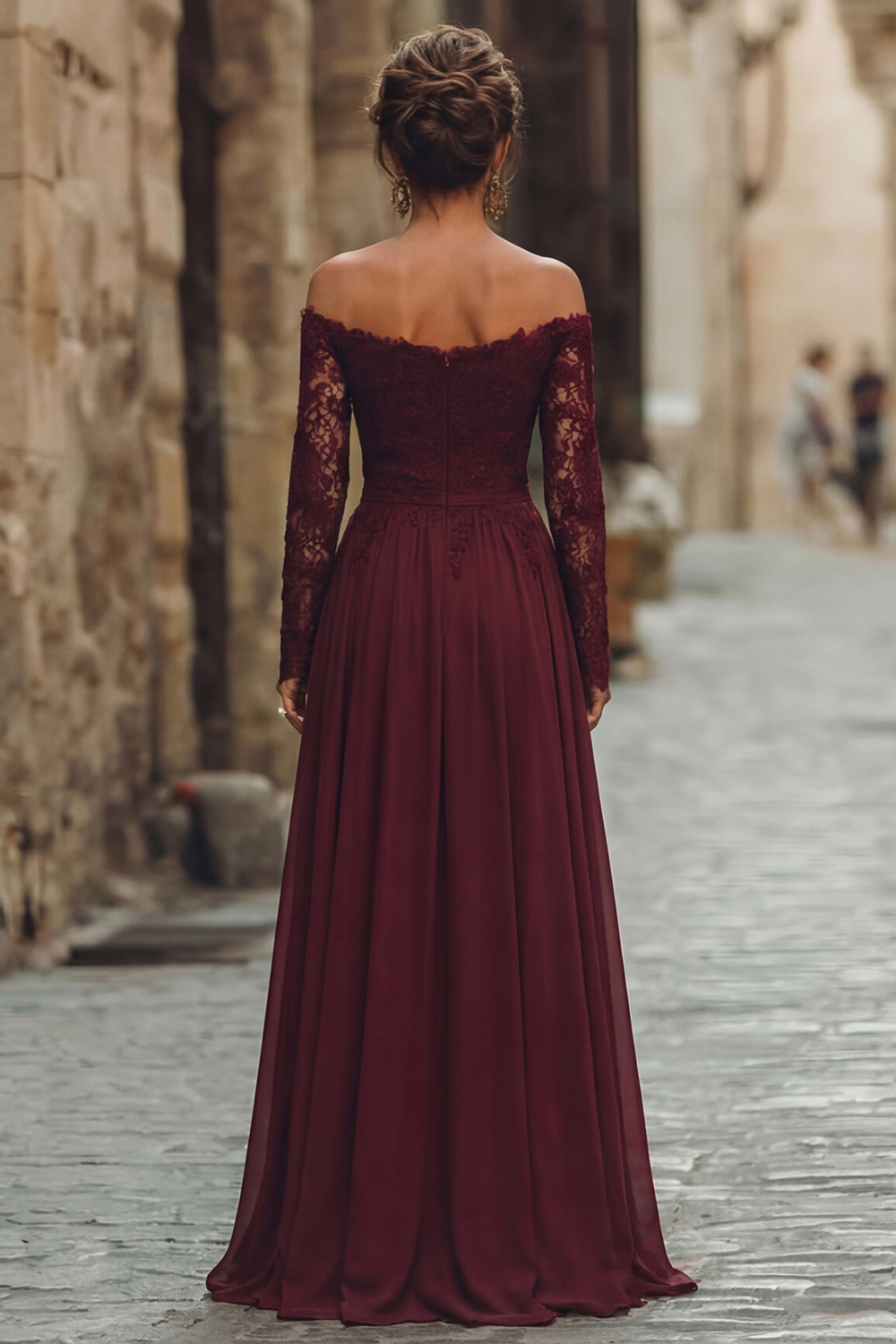 Cabernet Chiffon A Line Long Sleeves Wedding Guest Dress with Lace