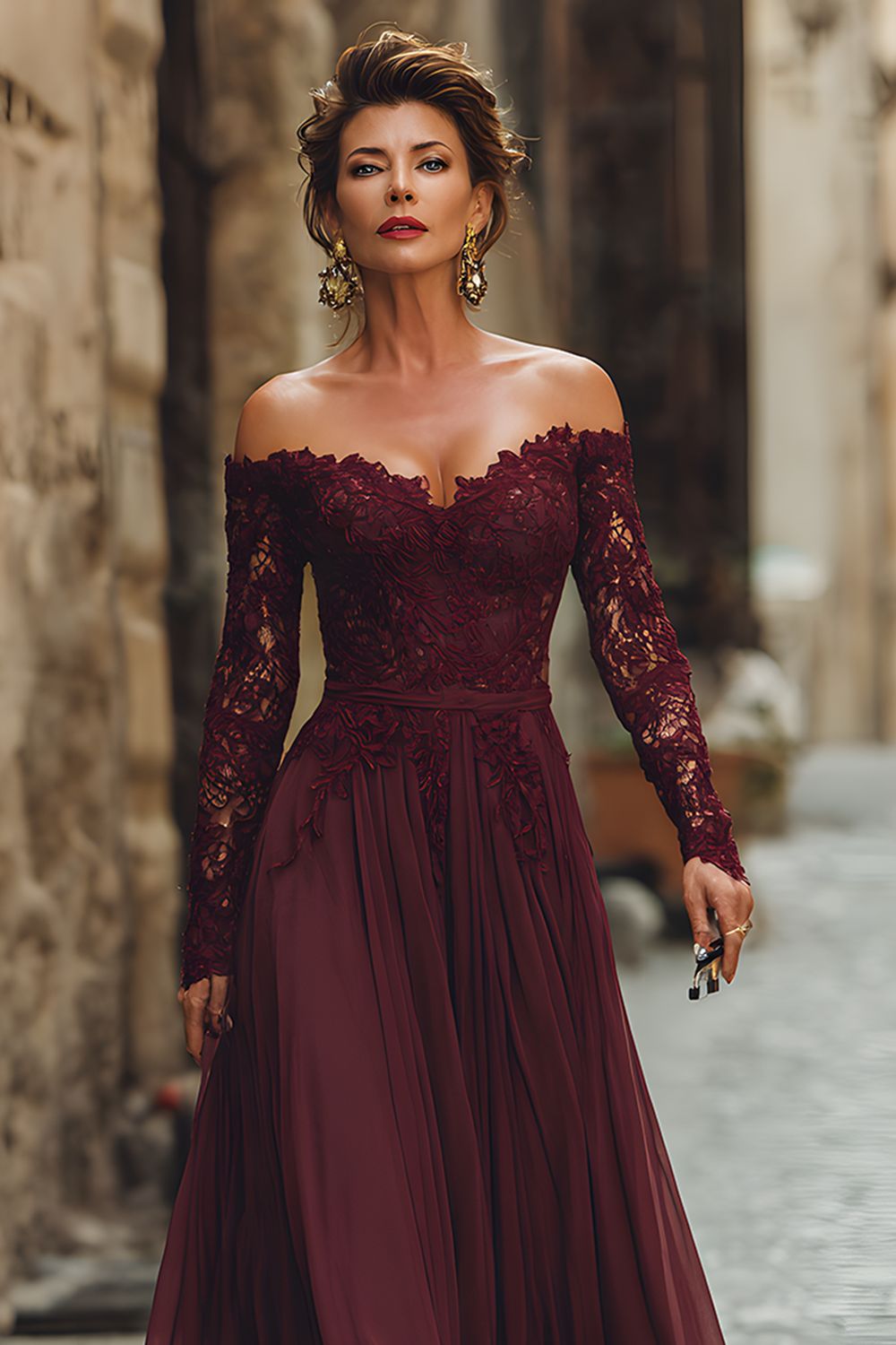 Cabernet Chiffon A Line Long Sleeves Wedding Guest Dress with Lace