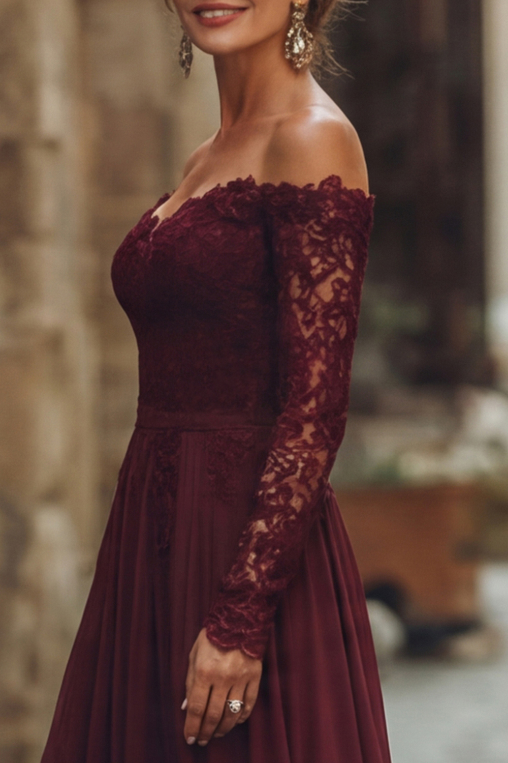 Cabernet Chiffon A Line Long Sleeves Wedding Guest Dress with Lace