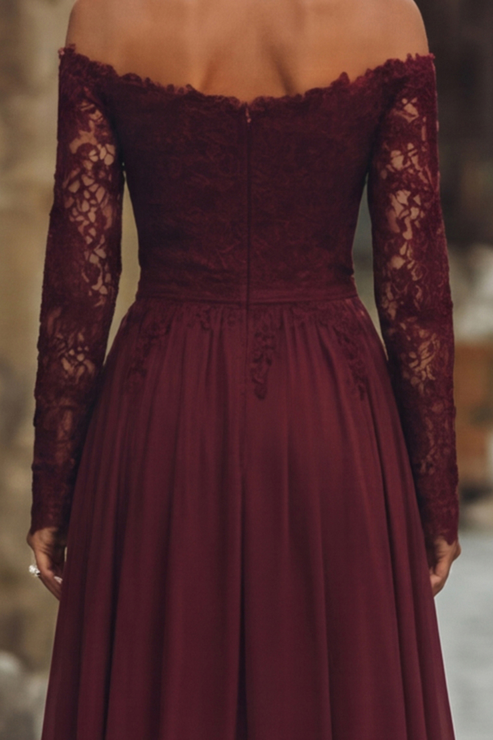 Cabernet Chiffon A Line Long Sleeves Wedding Guest Dress with Lace