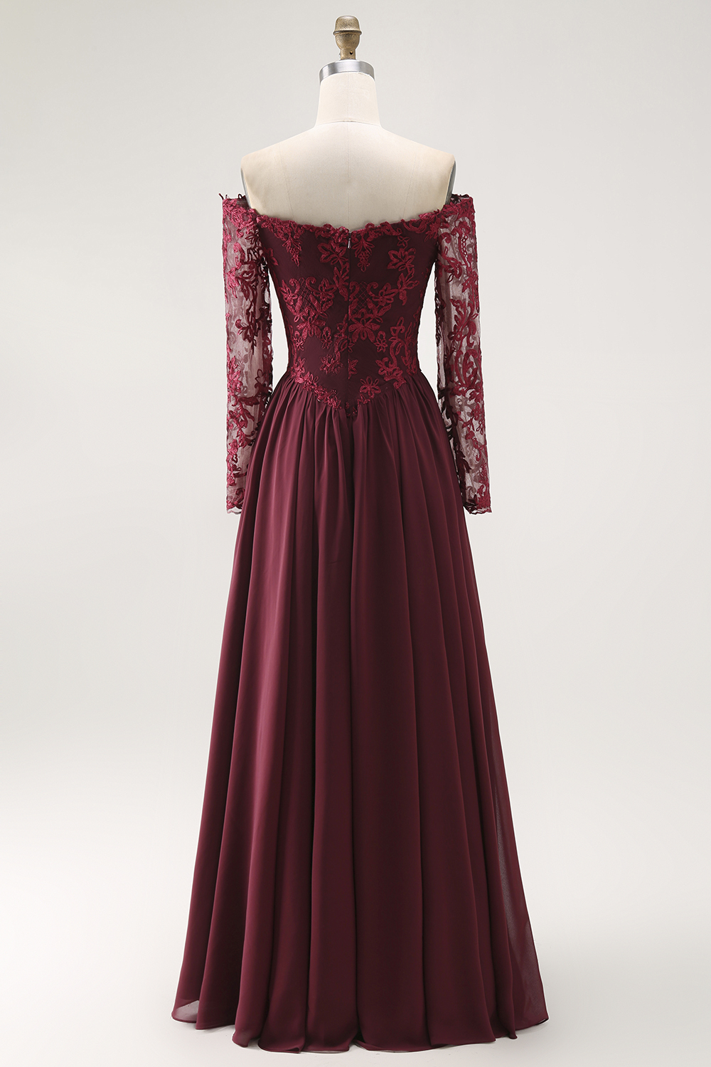 Cabernet Chiffon A Line Off The Shoulder Long Wedding Guest Dress with Sleeves