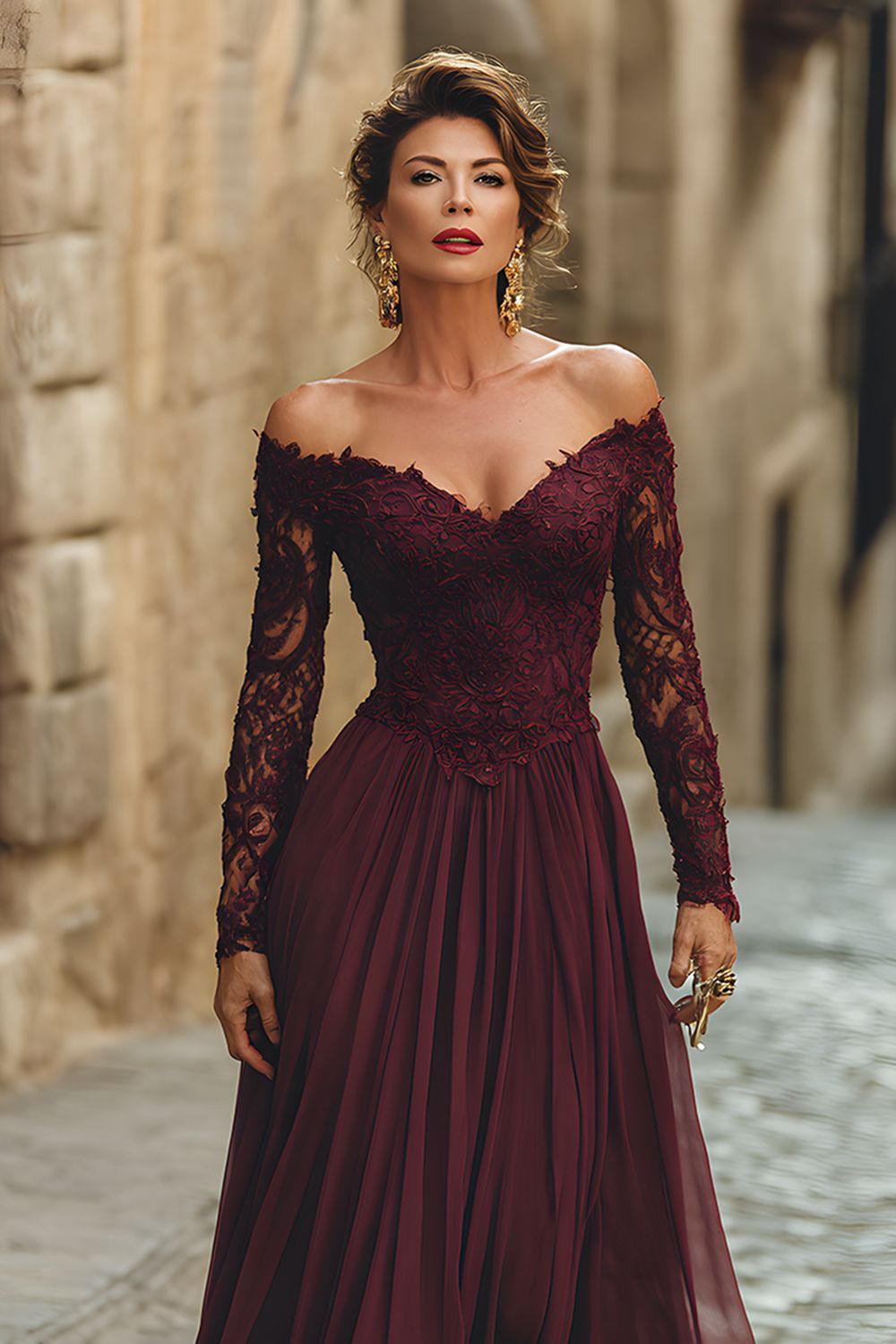 Cabernet Chiffon A Line Off The Shoulder Long Wedding Guest Dress with Sleeves