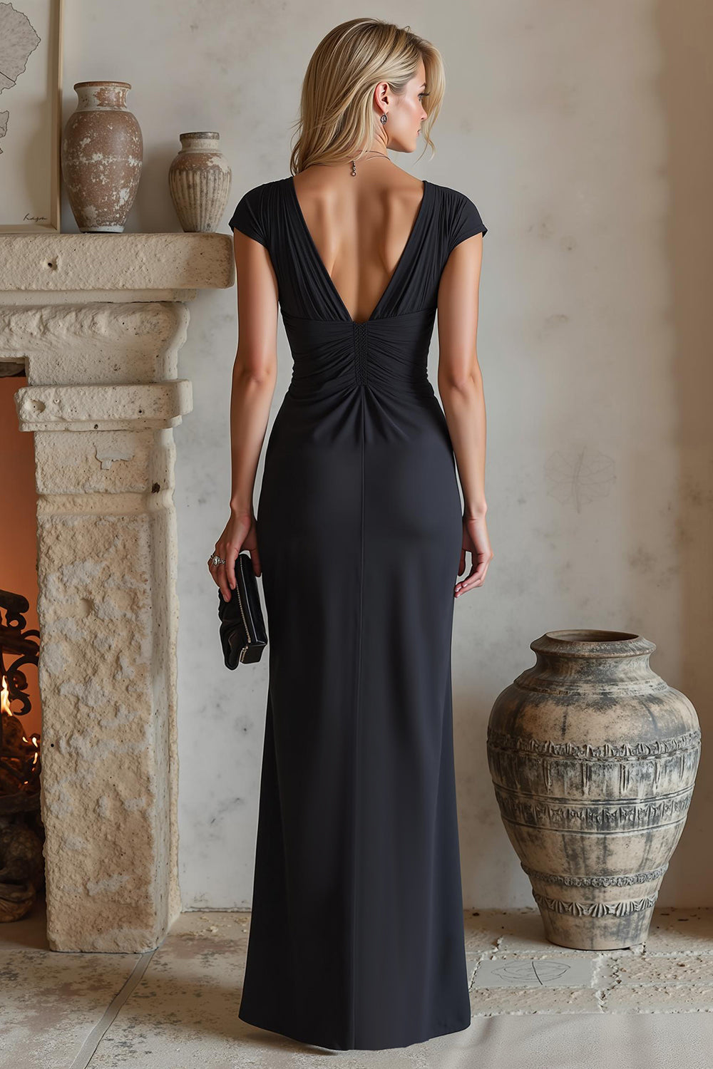 Black Chiffon Mermaid Ruched Cap Sleeves Long Wedding Guest Dress with Slit