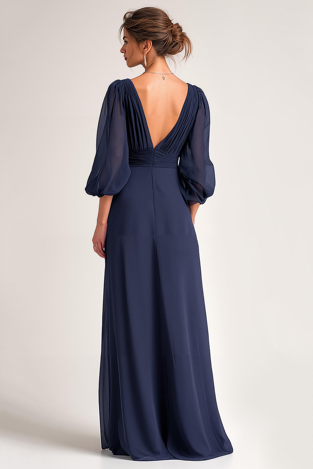 Navy Chiffon A Line V-Neck Backless Long Sleeves Wedding Guest Dress