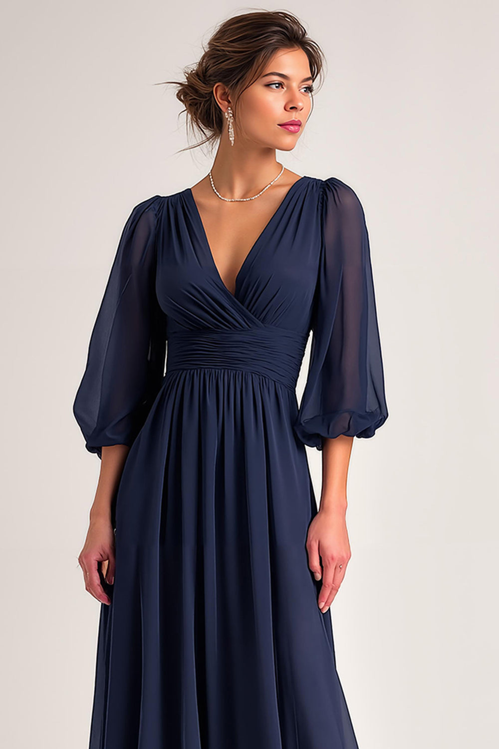 Navy Chiffon A Line V-Neck Backless Long Sleeves Wedding Guest Dress