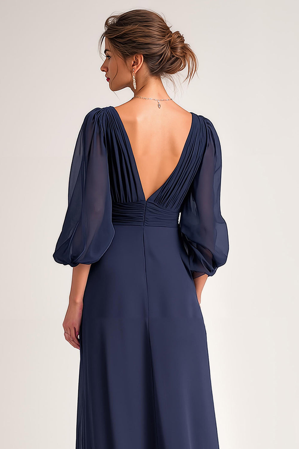 Navy Chiffon A Line V-Neck Backless Long Sleeves Wedding Guest Dress