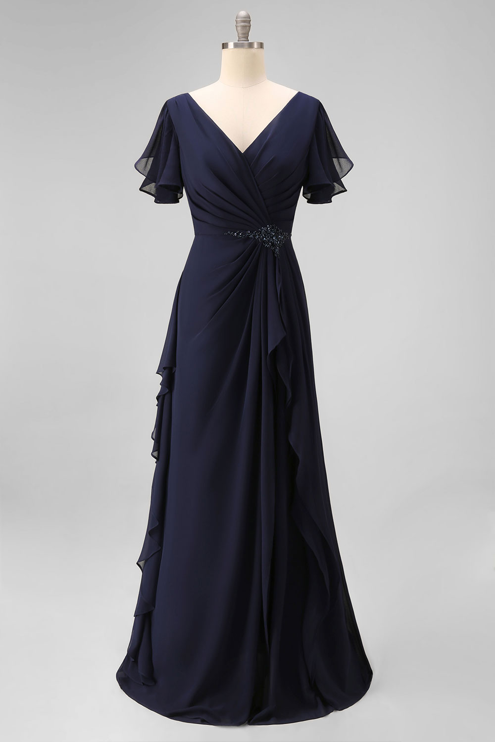 Navy Ruched V-Neck Chiffon Ruffled Long Wedding Guest Dress