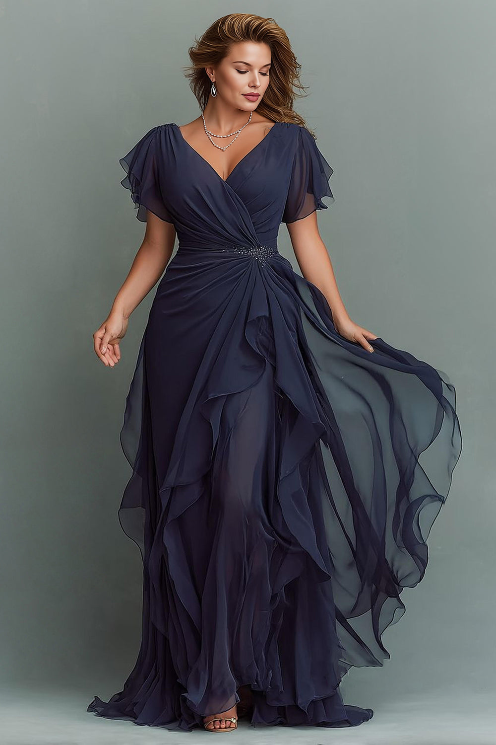 Navy Ruched V-Neck Chiffon Ruffled Long Wedding Guest Dress