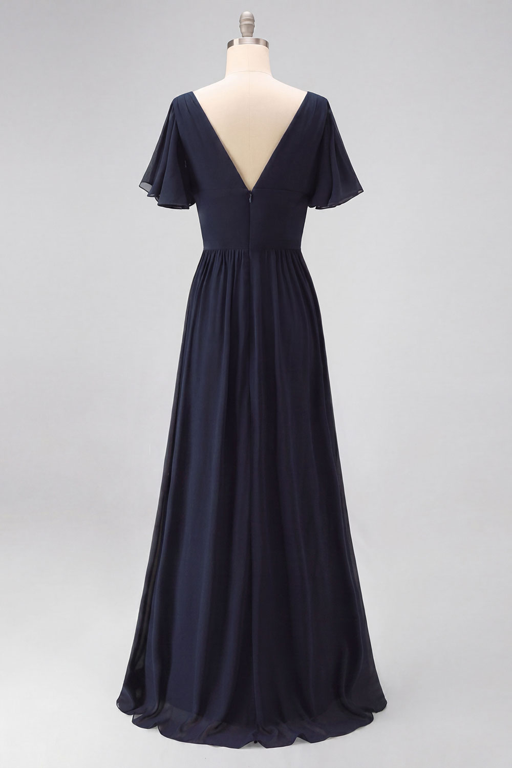 Navy Ruched V-Neck Chiffon Ruffled Long Wedding Guest Dress