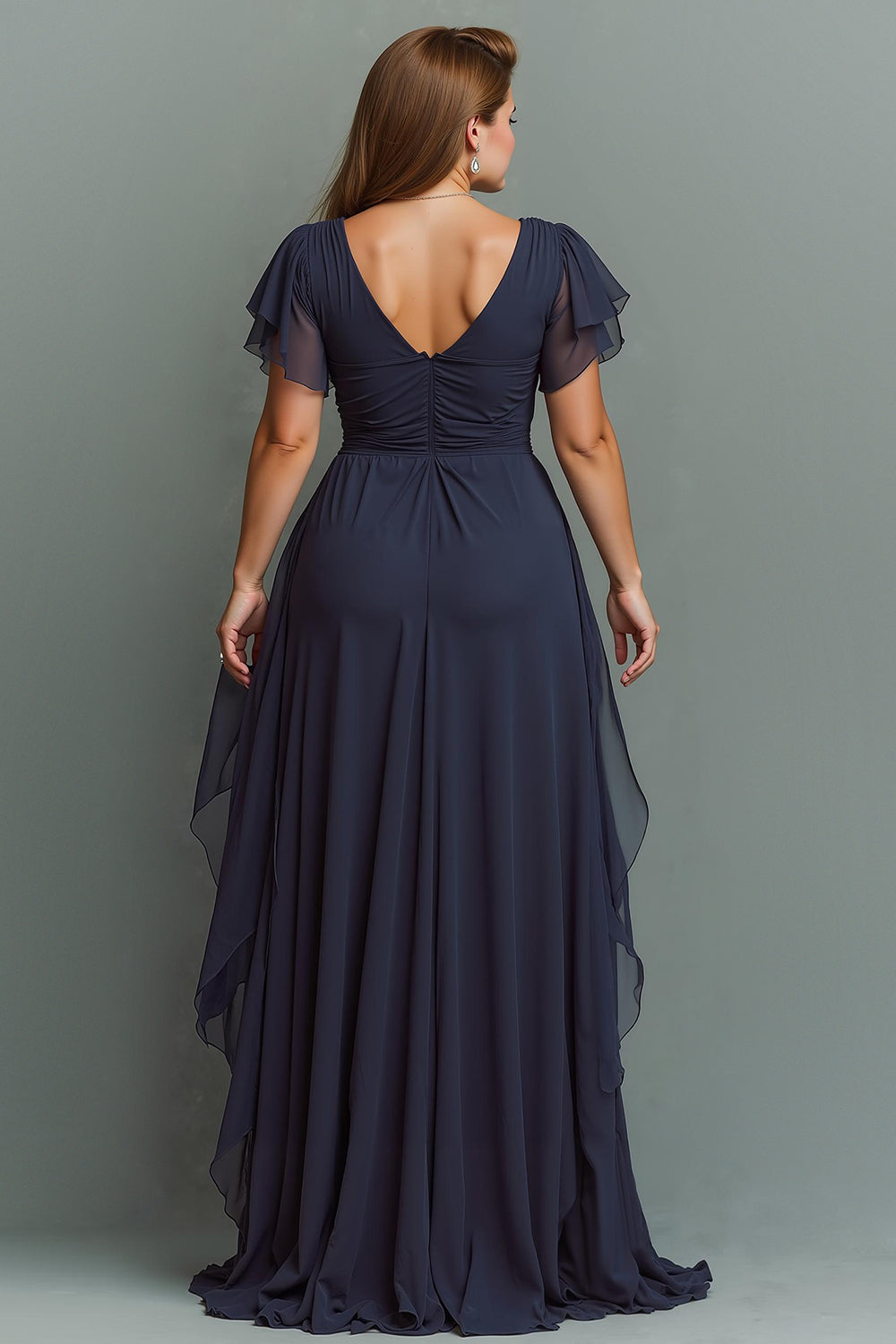 Navy Ruched V-Neck Chiffon Ruffled Long Wedding Guest Dress