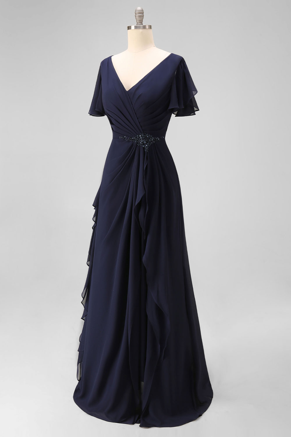 Navy Ruched V-Neck Chiffon Ruffled Long Wedding Guest Dress
