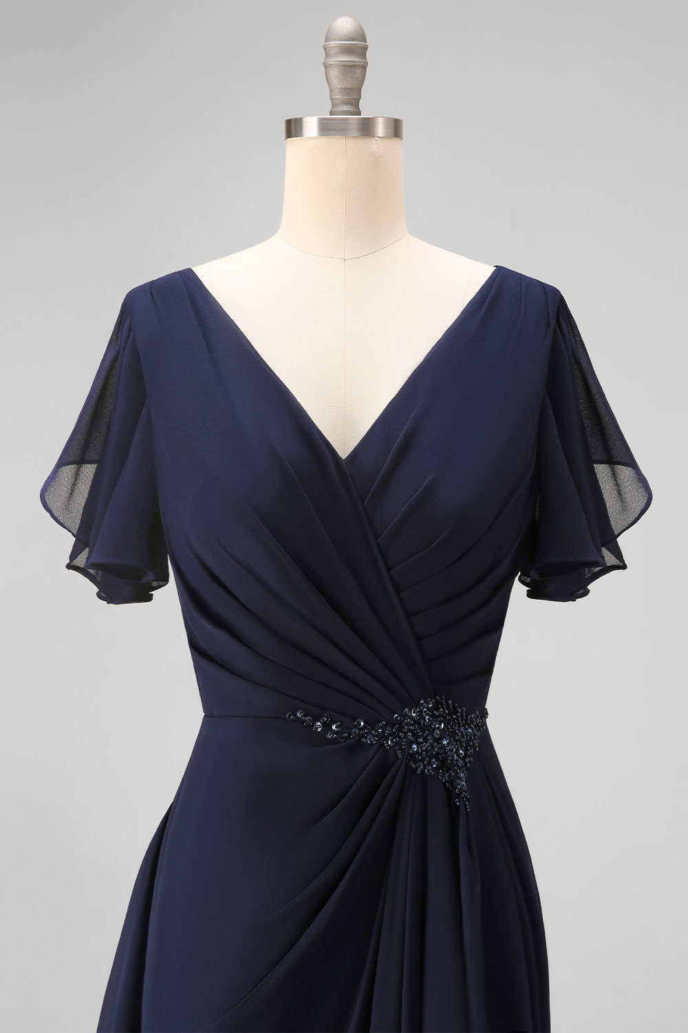 Navy Ruched V-Neck Chiffon Ruffled Long Wedding Guest Dress