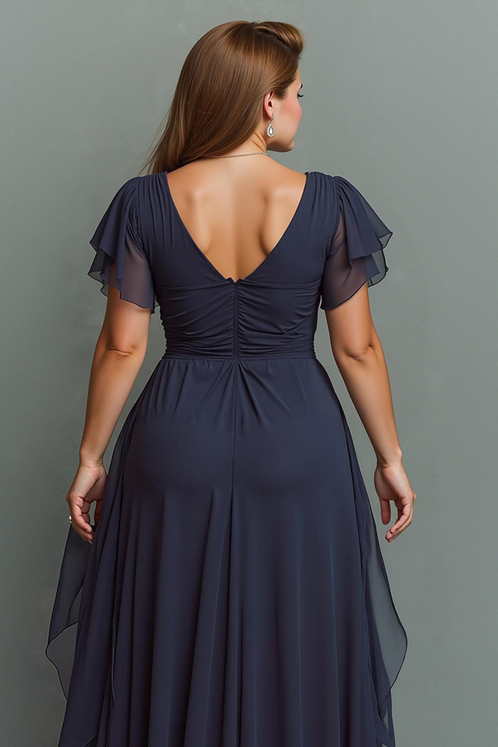 Navy Ruched V-Neck Chiffon Ruffled Long Wedding Guest Dress
