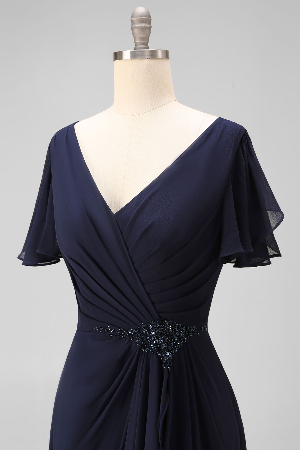 Navy Ruched V-Neck Chiffon Ruffled Long Wedding Guest Dress