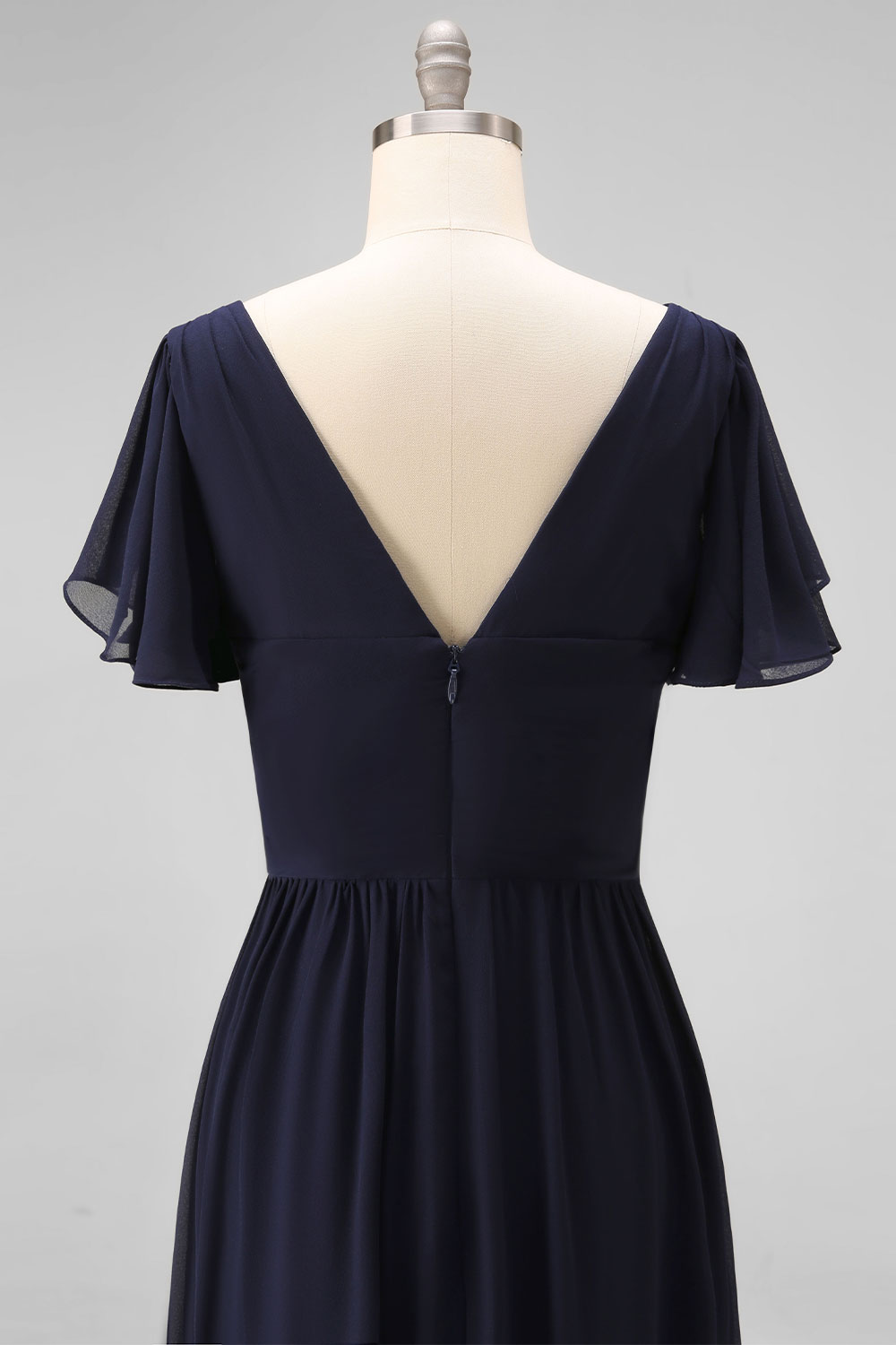 Navy Ruched V-Neck Chiffon Ruffled Long Wedding Guest Dress