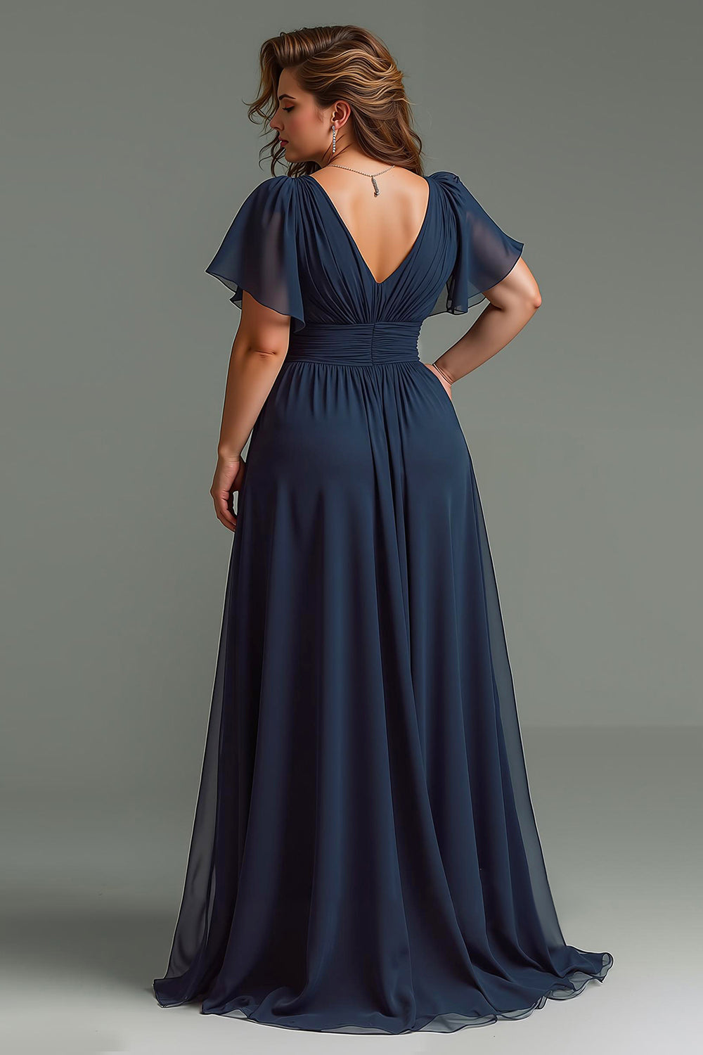 Navy Chiffon V-Neck Backless A Line Short Sleeves Long Wedding Guest Dress