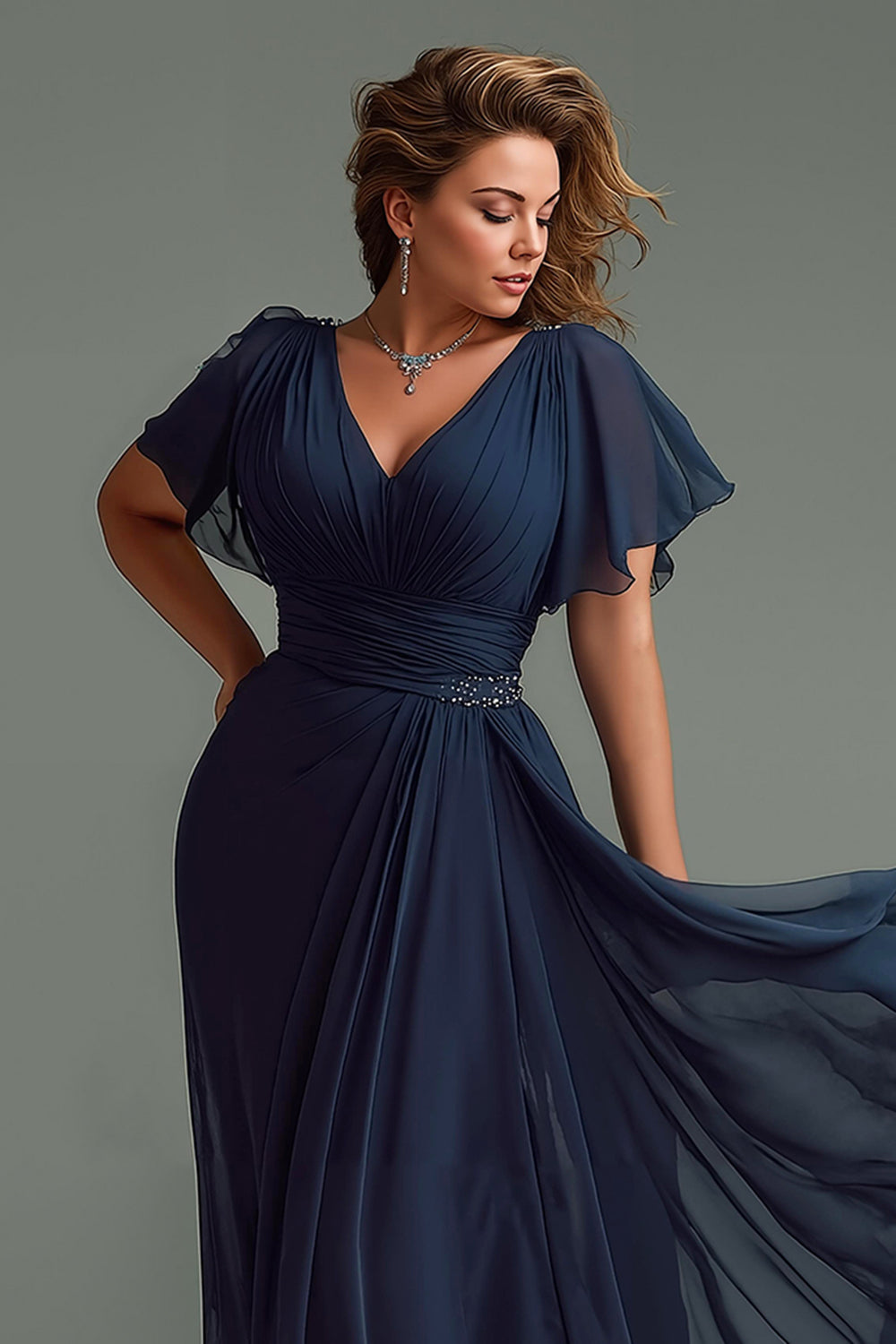 Navy Chiffon V-Neck Backless A Line Short Sleeves Long Wedding Guest Dress