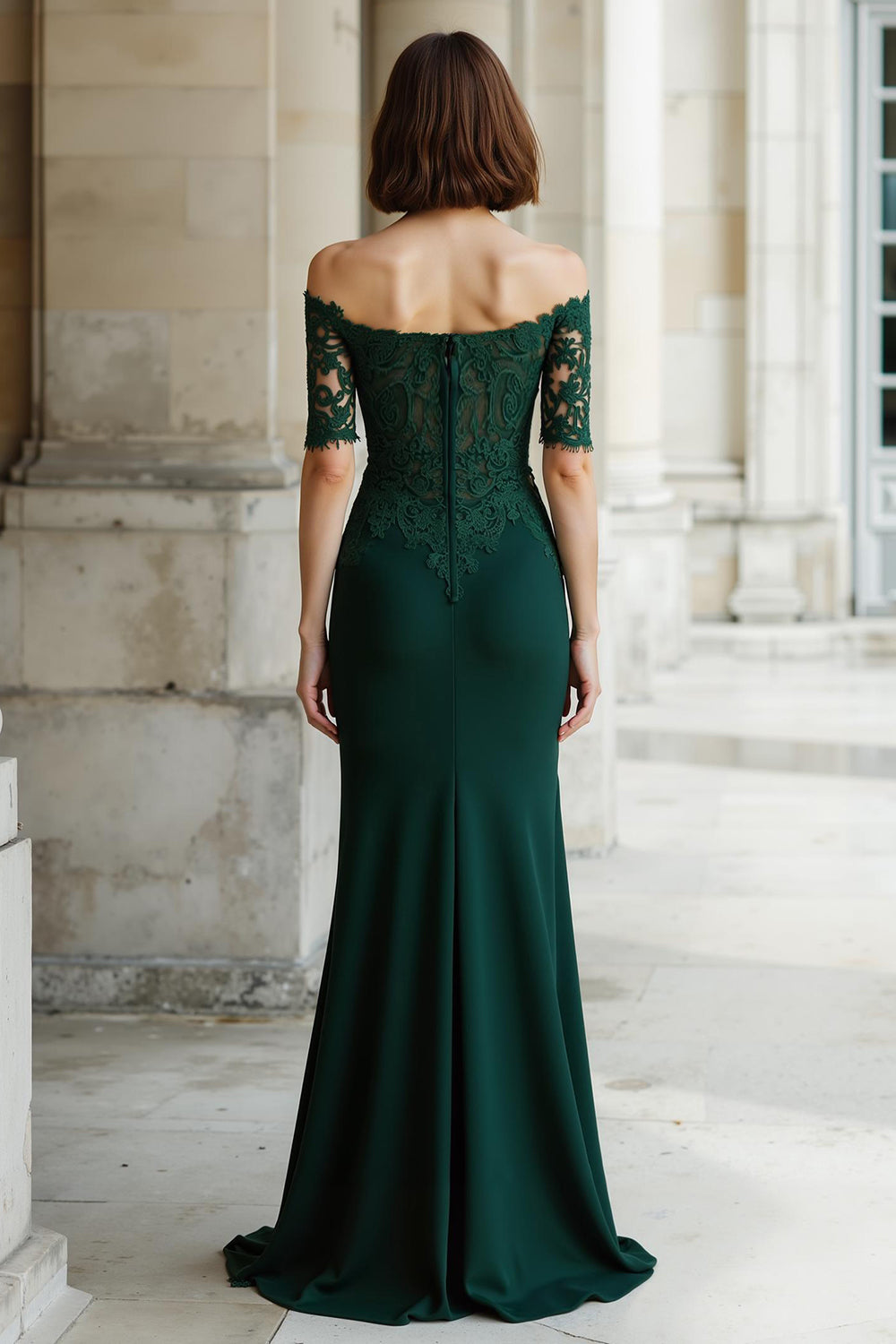 Pine Green Mermaid Off the Shoulder Appliqued Long Wedding Guest Dress with Sleeves