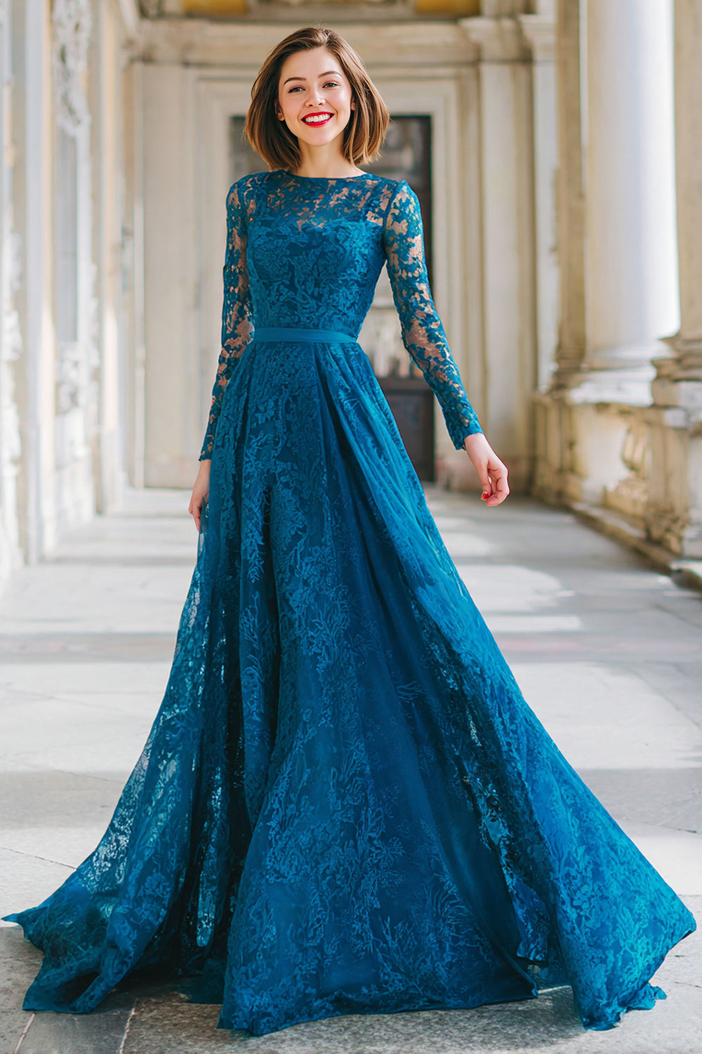 Ink Blue Lace Round Neck  A-Line Long Wedding Guest Dress with Sleeves