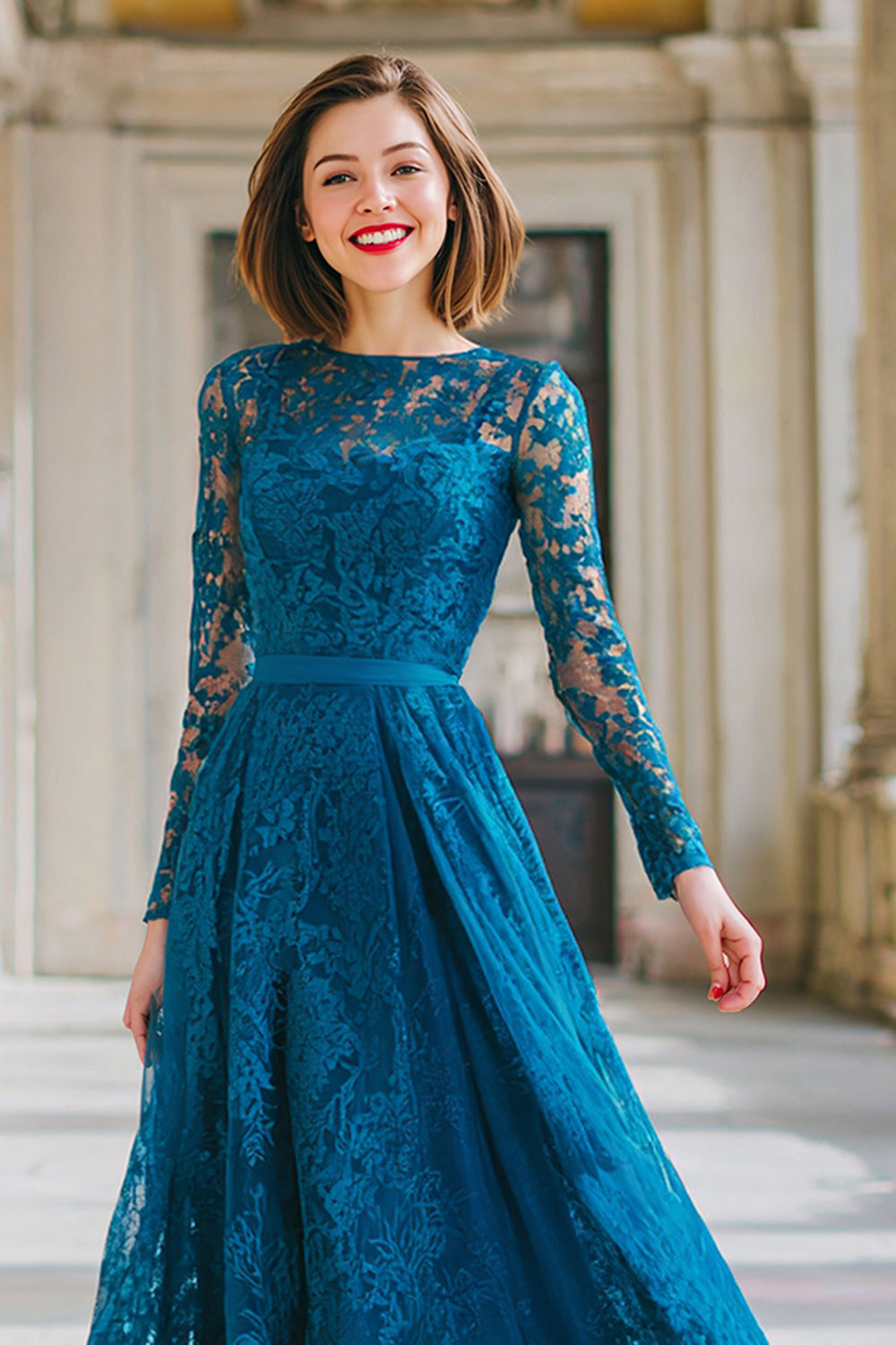 Ink Blue Lace Round Neck  A-Line Long Wedding Guest Dress with Sleeves