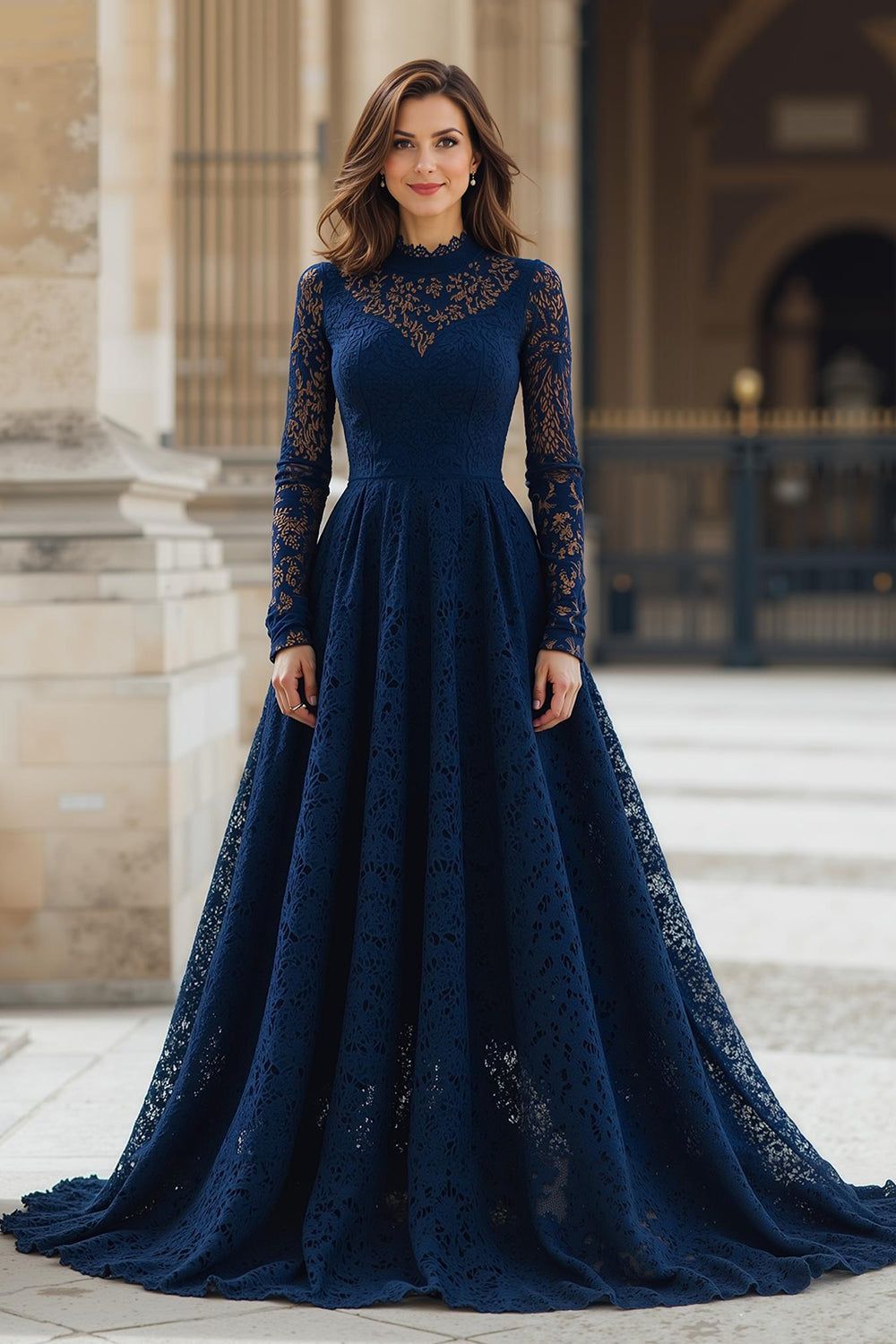 Navy Lace A-Line High Neck Long Wedding Guest Dress with Sleeves