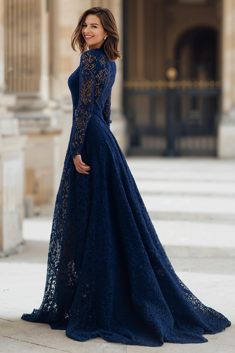 Navy Lace A-Line High Neck Long Wedding Guest Dress with Sleeves