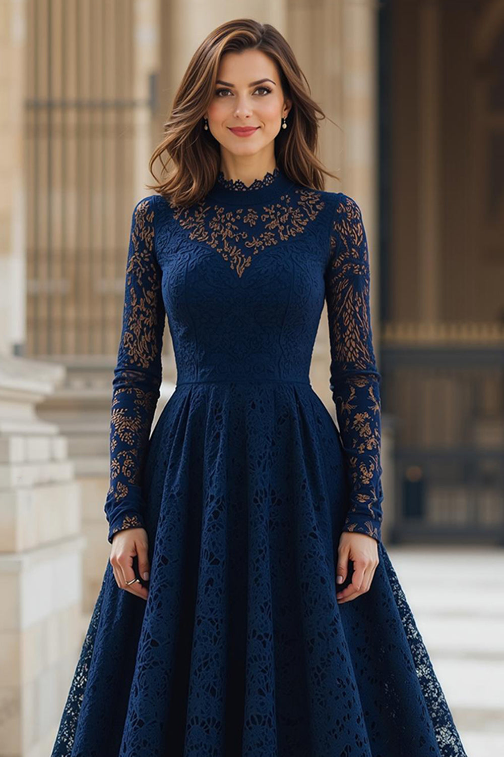 Navy Lace A-Line High Neck Long Wedding Guest Dress with Sleeves
