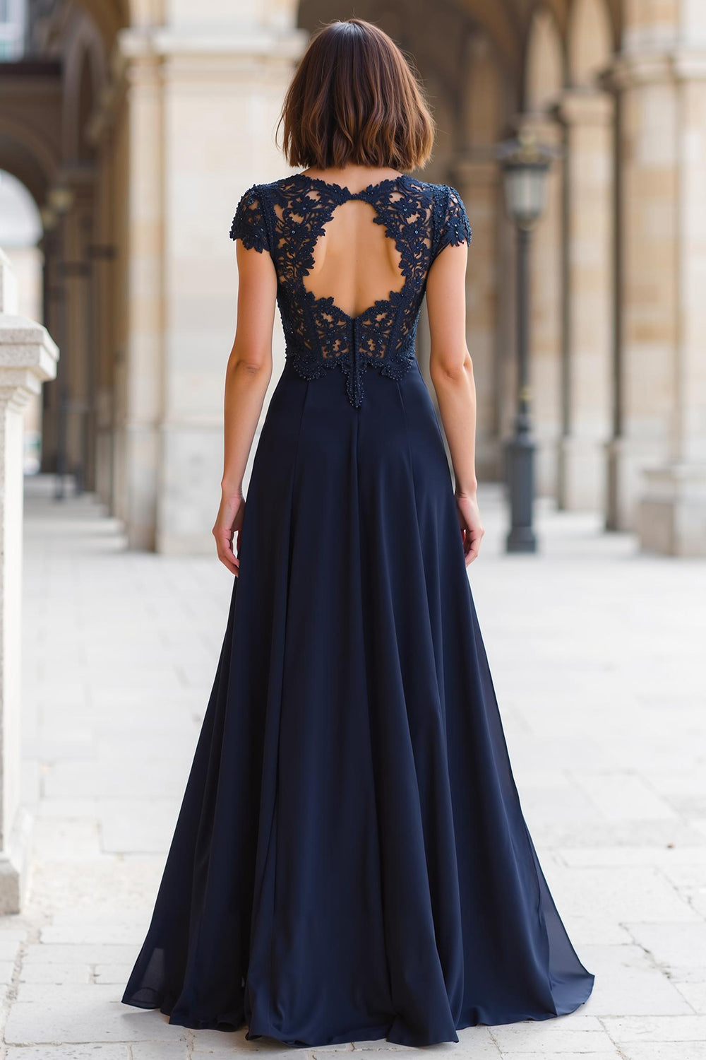 Navy Round Neck A-Line Chiffon Long Wedding Guest Dress with Appliques