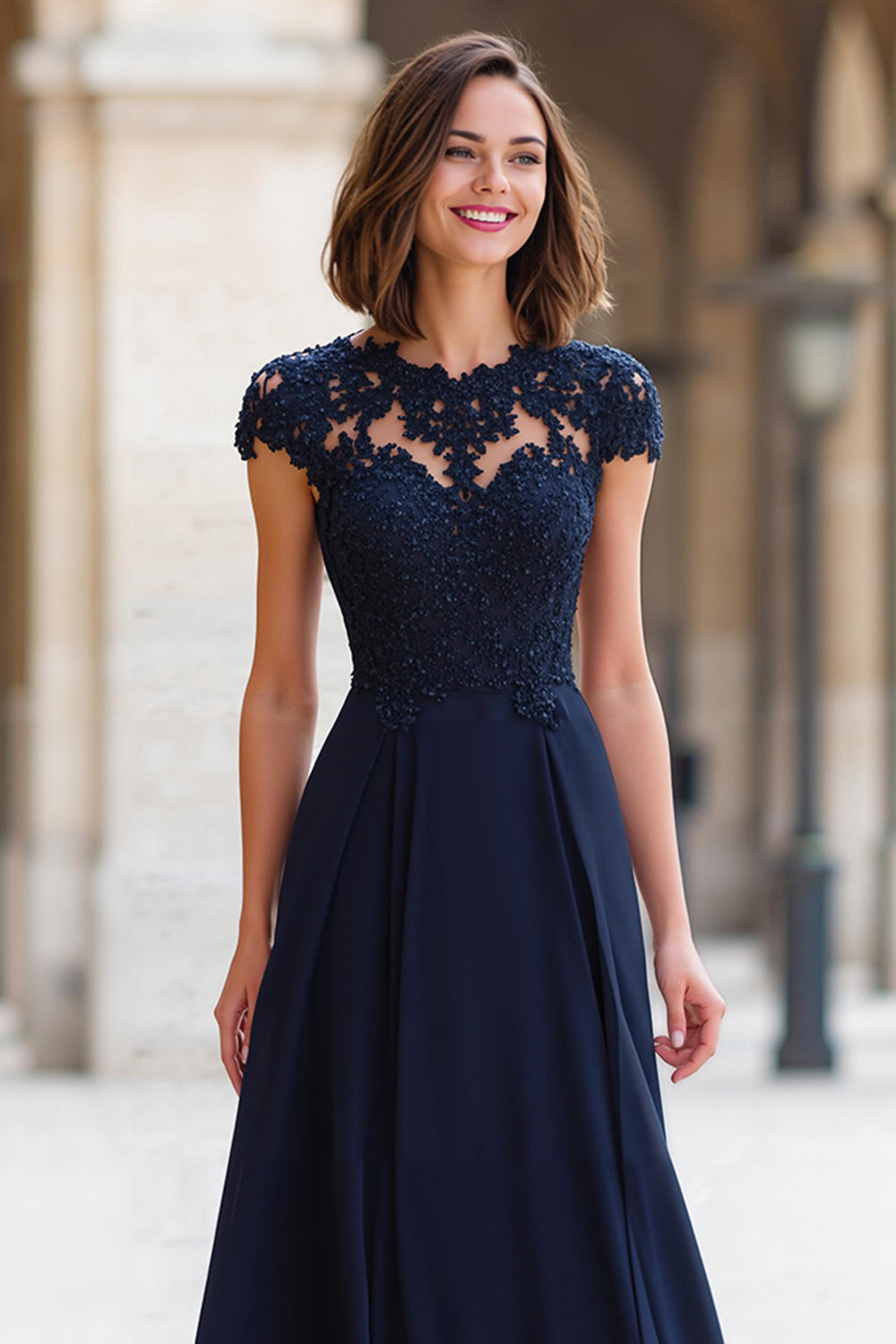 Navy Round Neck A-Line Chiffon Long Wedding Guest Dress with Appliques