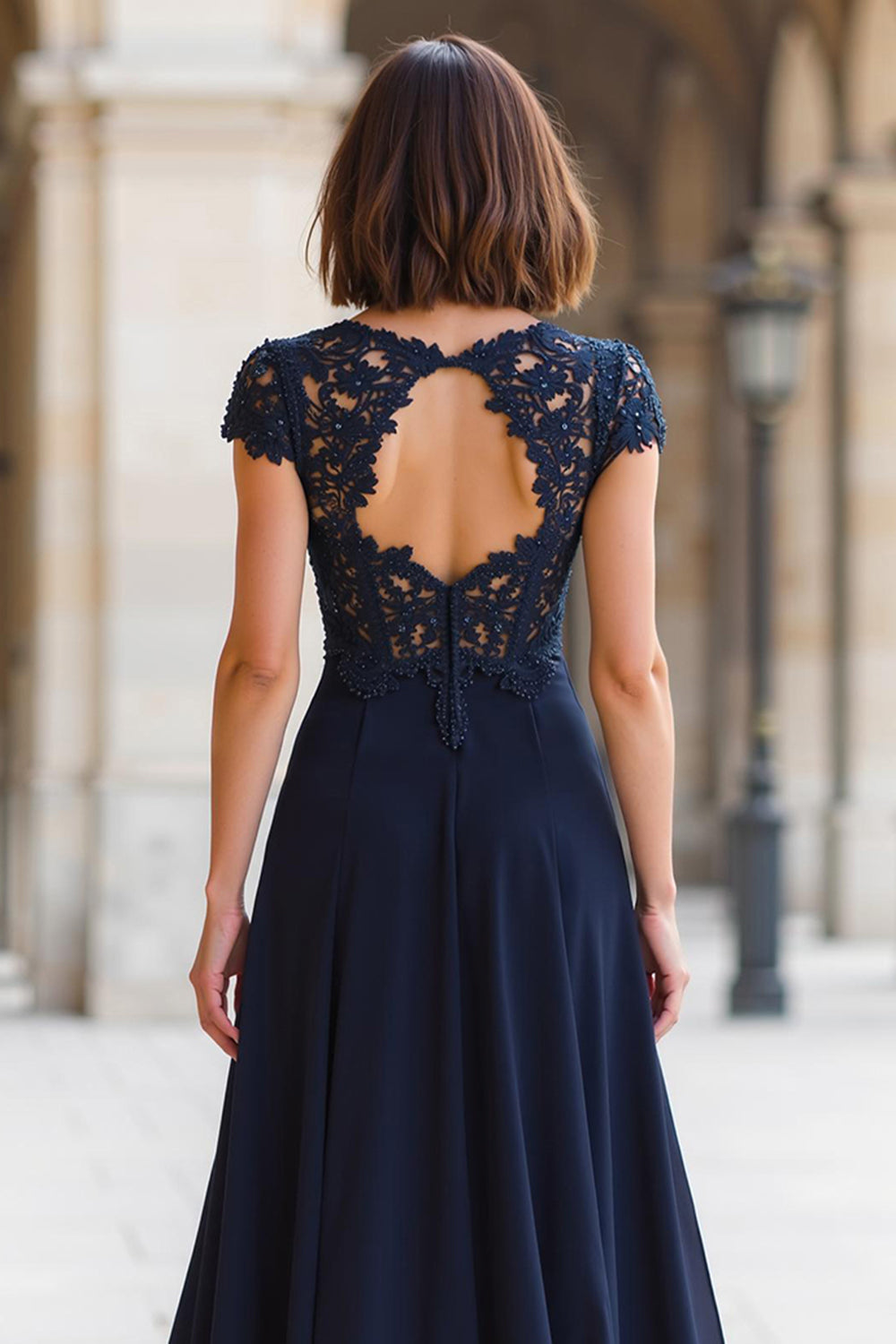 Navy Round Neck A-Line Chiffon Long Wedding Guest Dress with Appliques