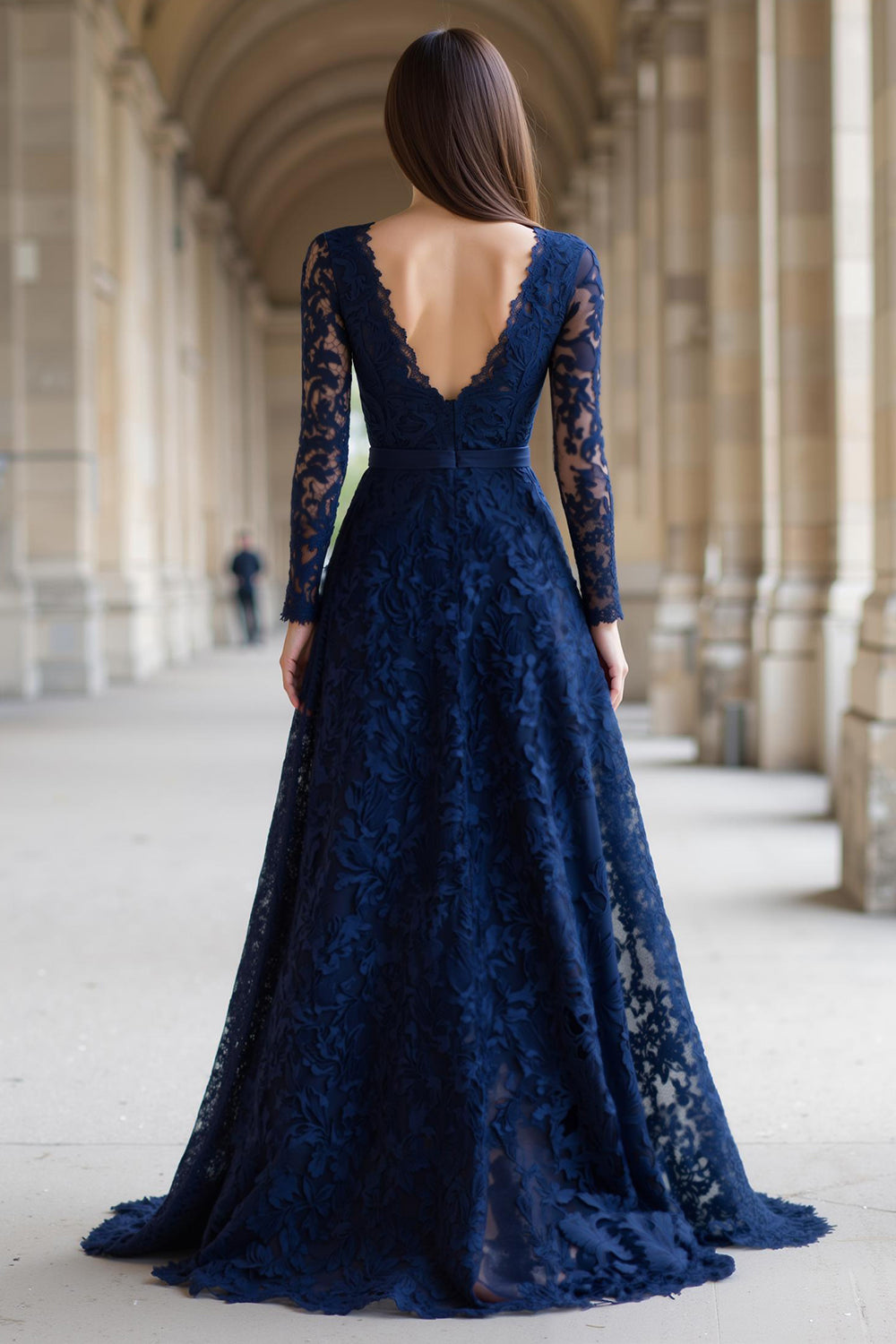 Navy Lace V-Neck A-Line Backless Long Sleeves Wedding Guest Dress