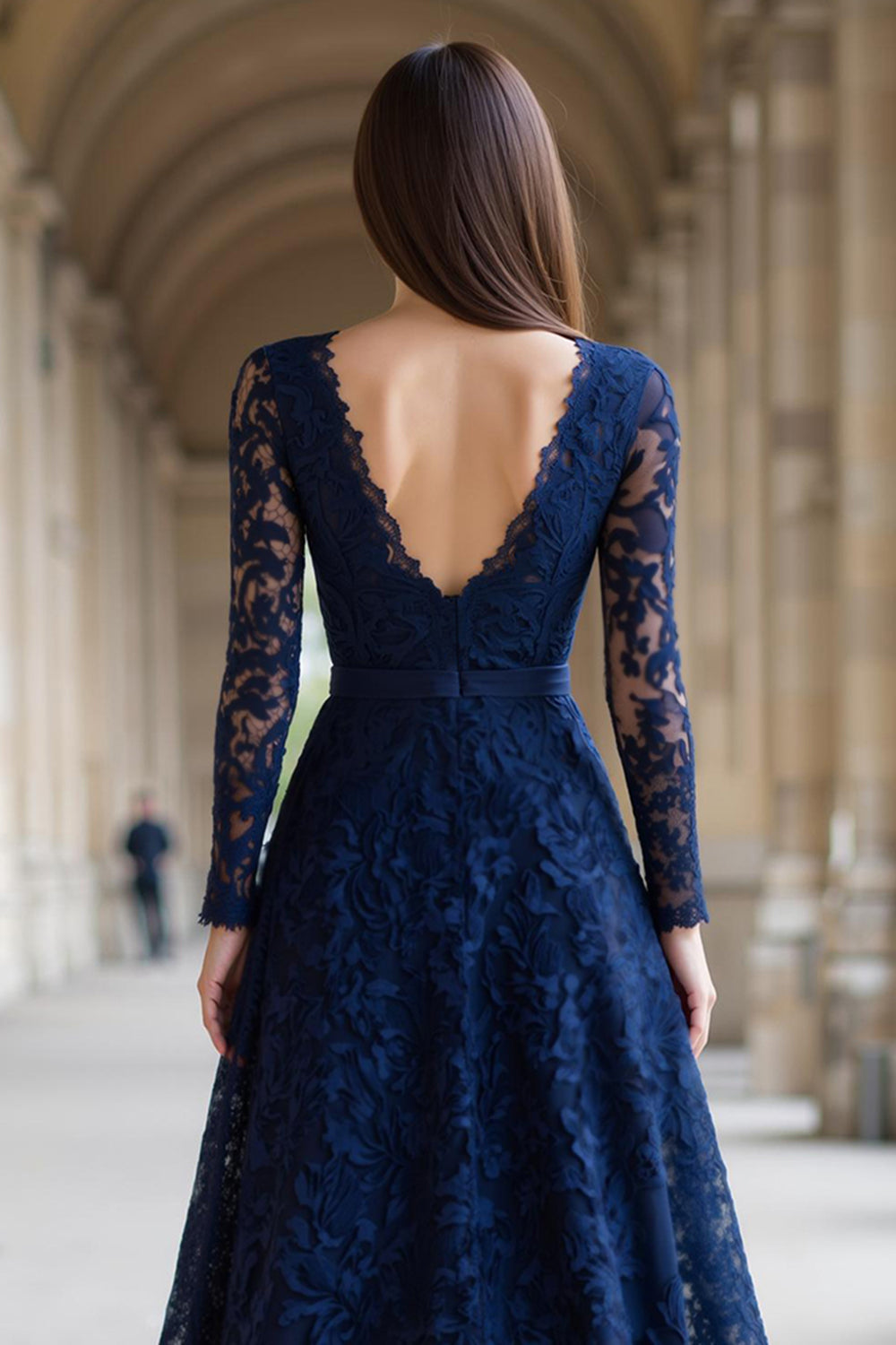 Navy Lace V-Neck A-Line Backless Long Sleeves Wedding Guest Dress
