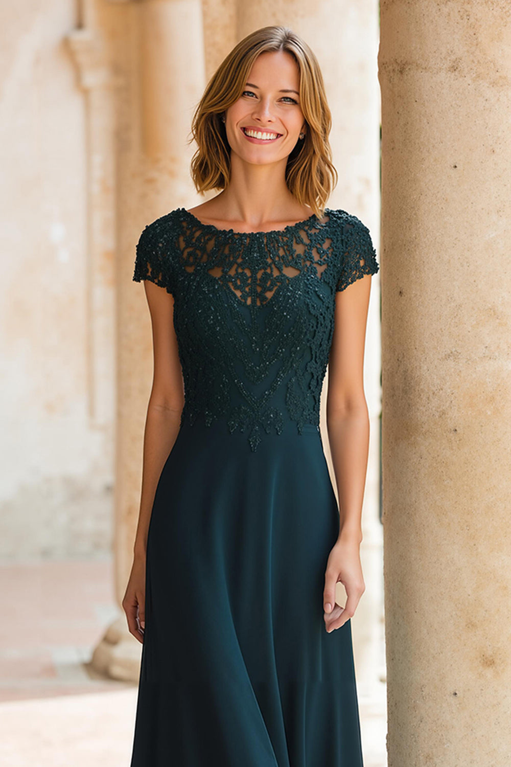 Peacock Green Chiffon Round Neck A-Line Long Sleeves Wedding Guest Dress