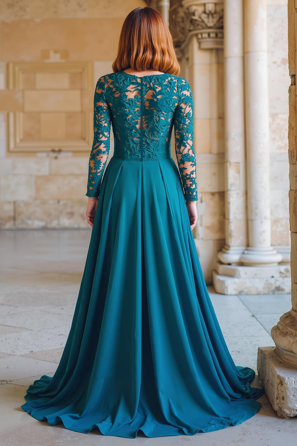 Peacock Blue Chiffon A-Line Round Neck Long Wedding Guest Dress with Lace