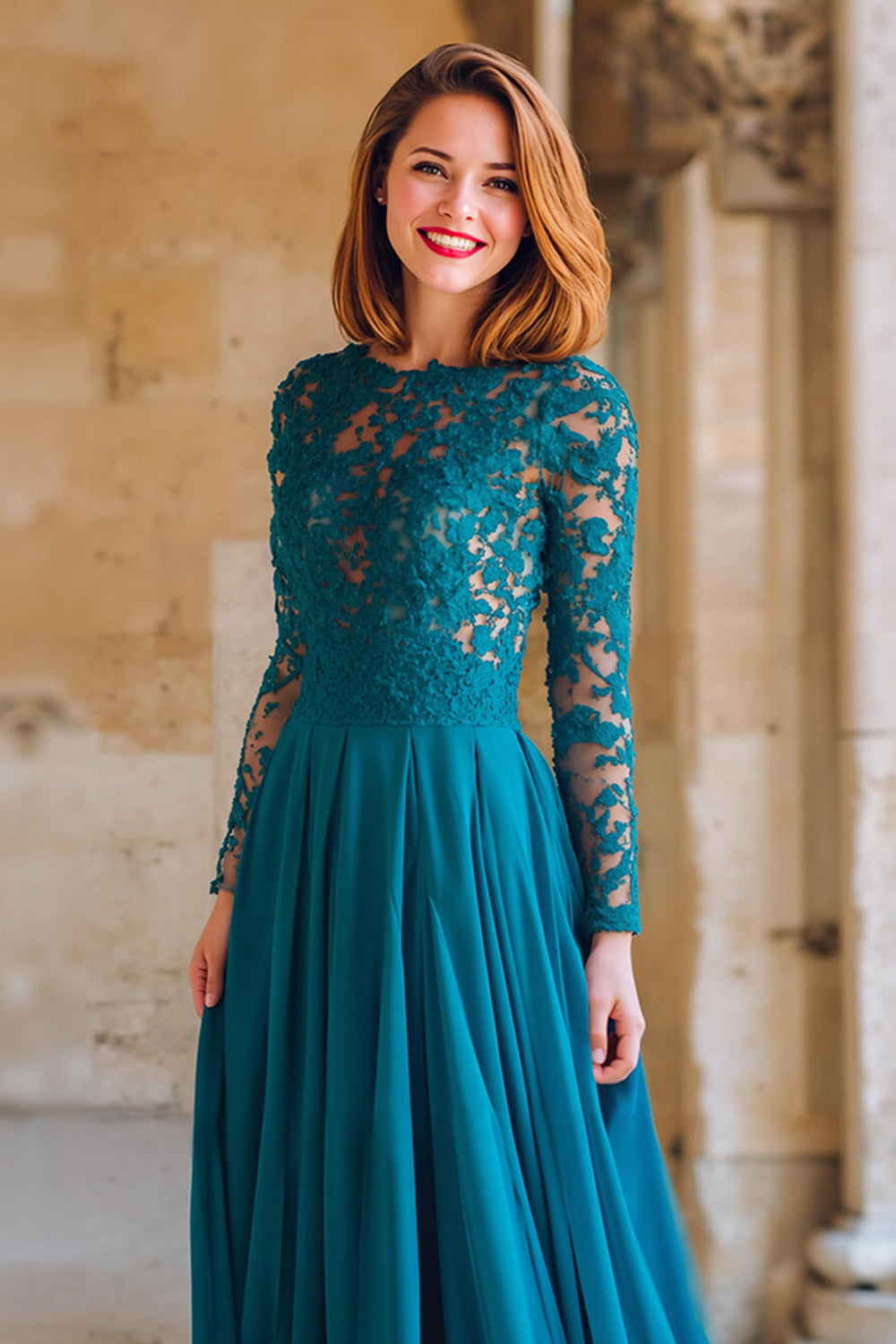 Peacock Blue Chiffon A-Line Round Neck Long Wedding Guest Dress with Lace
