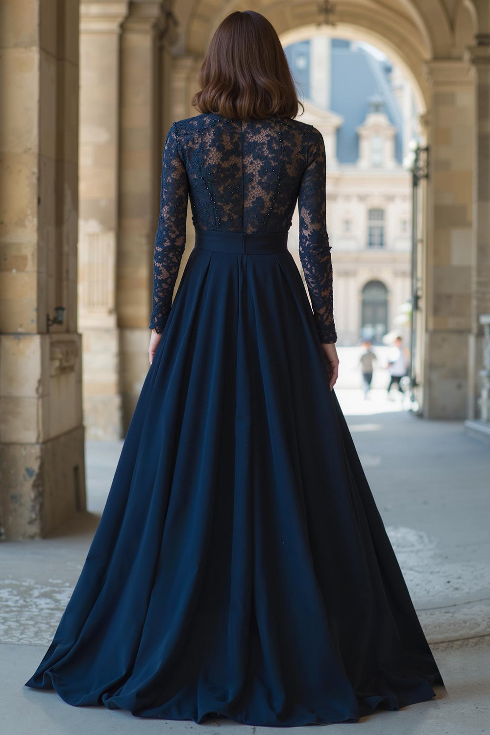 Navy High Neck Chiffon A-Line  Long Sleeves Wedding Guest Dress with Lace