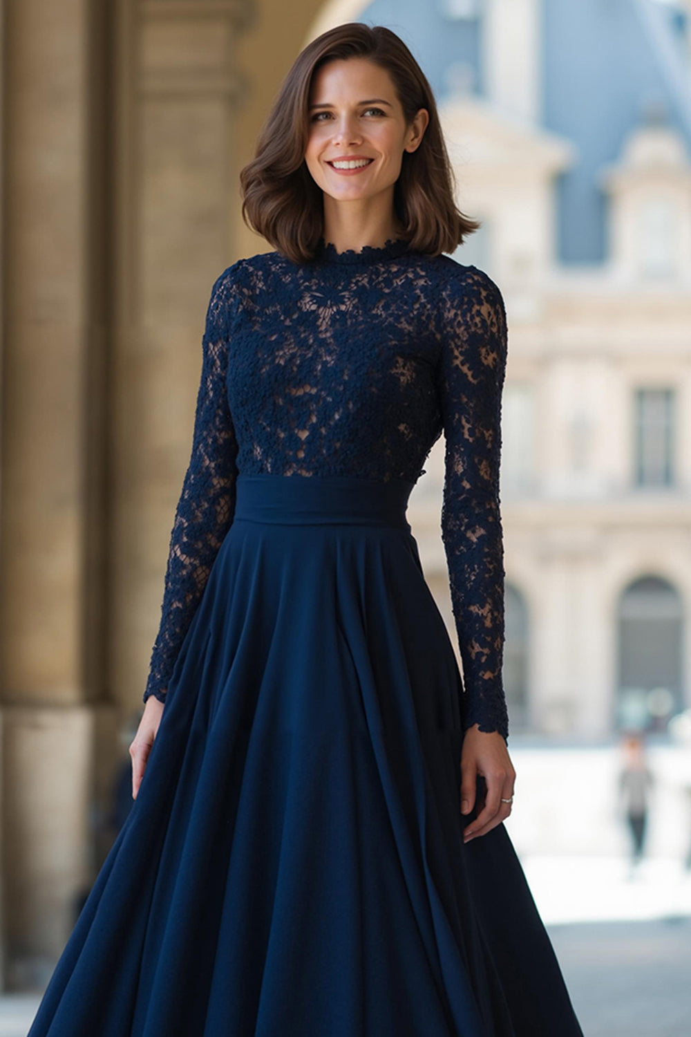 Navy High Neck Chiffon A-Line  Long Sleeves Wedding Guest Dress with Lace
