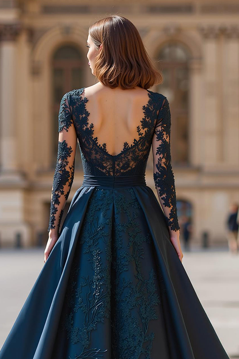 Navy Satin A-Line V-Neck Long Sleeves Wedding Guest Dress with Lace