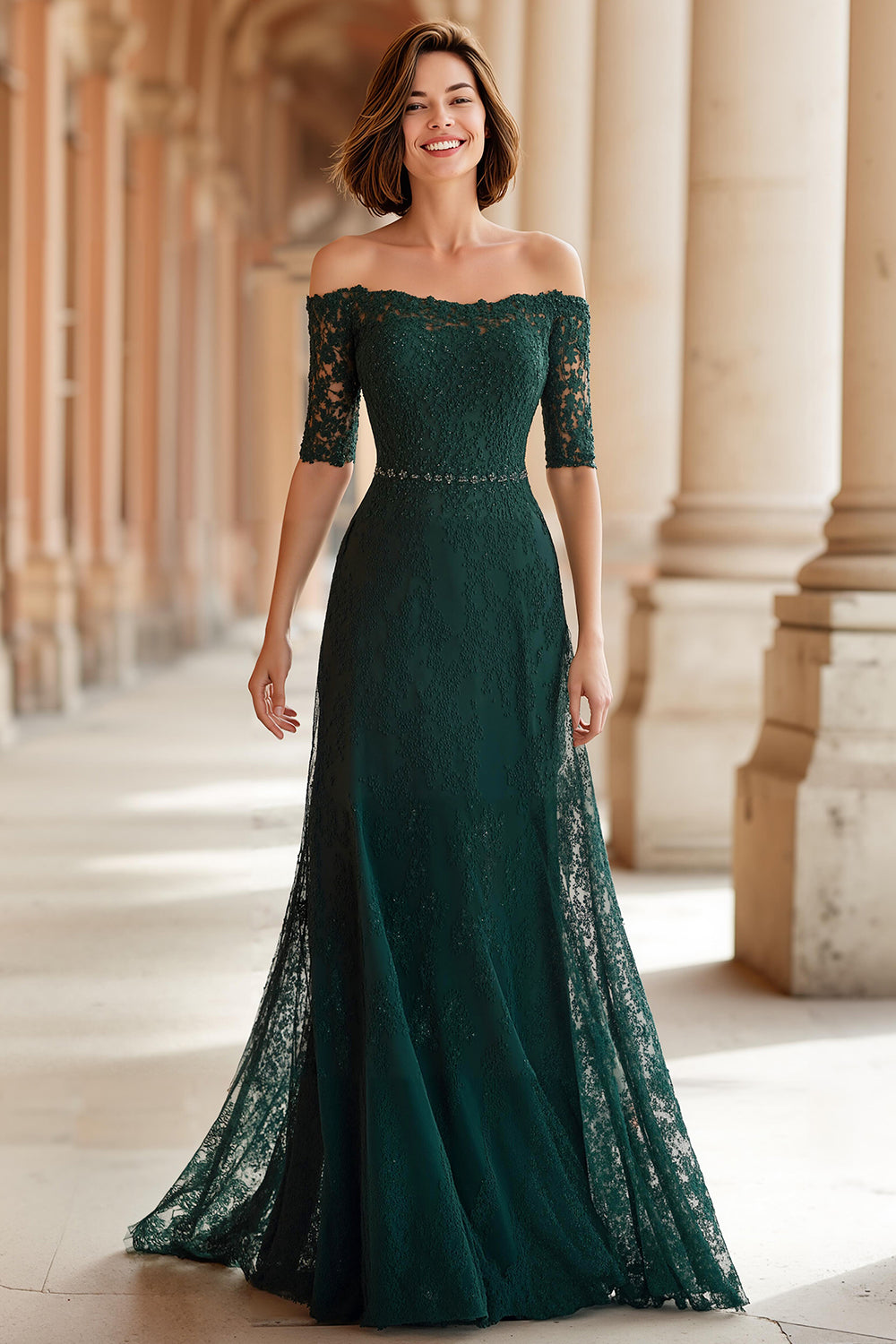 Dark Green Lace A-Line Off the Shoulder Backless Long Wedding Guest Dress with Sleeves