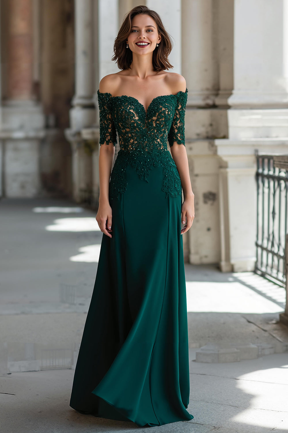 Dark Green Sheath Chiffon Off the Shoulder Long Wedding Guest Dress with Lace