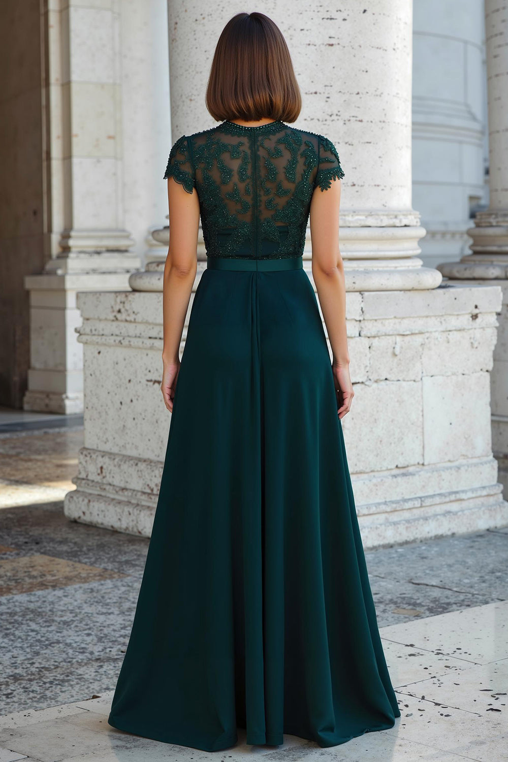 Peacock Green A-Line Chiffon Round Neck Long Wedding Guest Dress with Beading